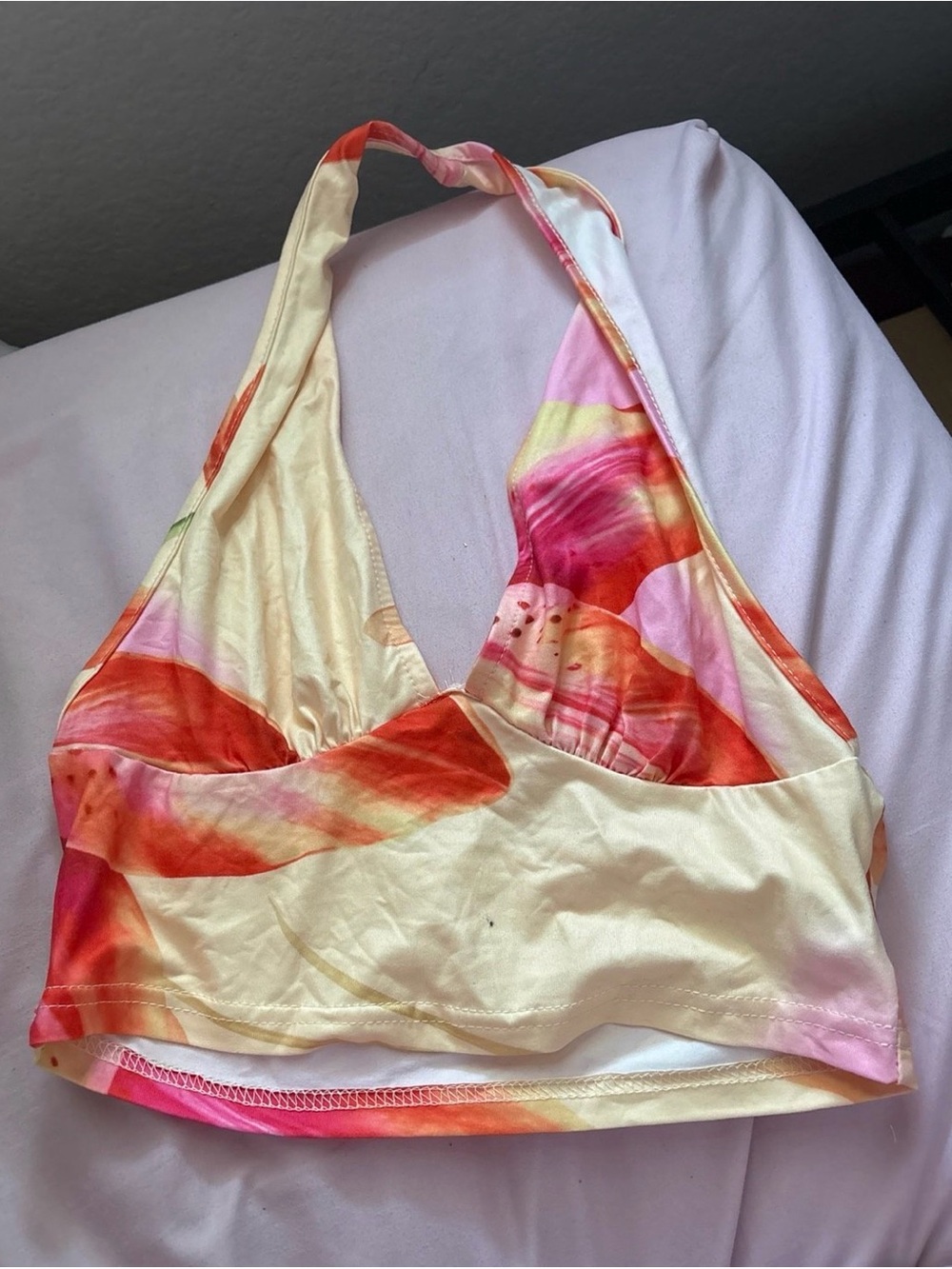Halter Bralette in Cream with Pink & Orange Tie-Dye